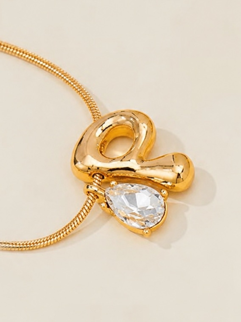 Gold Bubble Initial Crystal Pear Charm Necklace (7217)